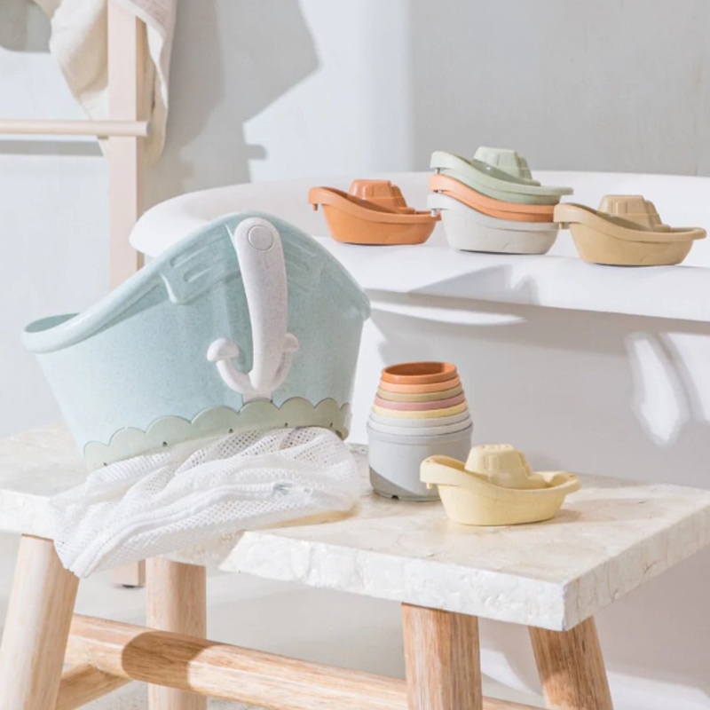 Bath Toy Organizer Set with Stackable Cups and Boats
