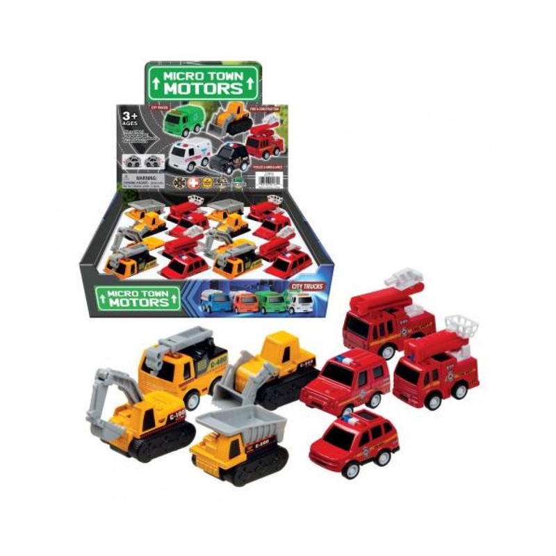 Micro Town Motors - Die Cast Cars - 2" Fire & Construction - Full 16 Car Pack