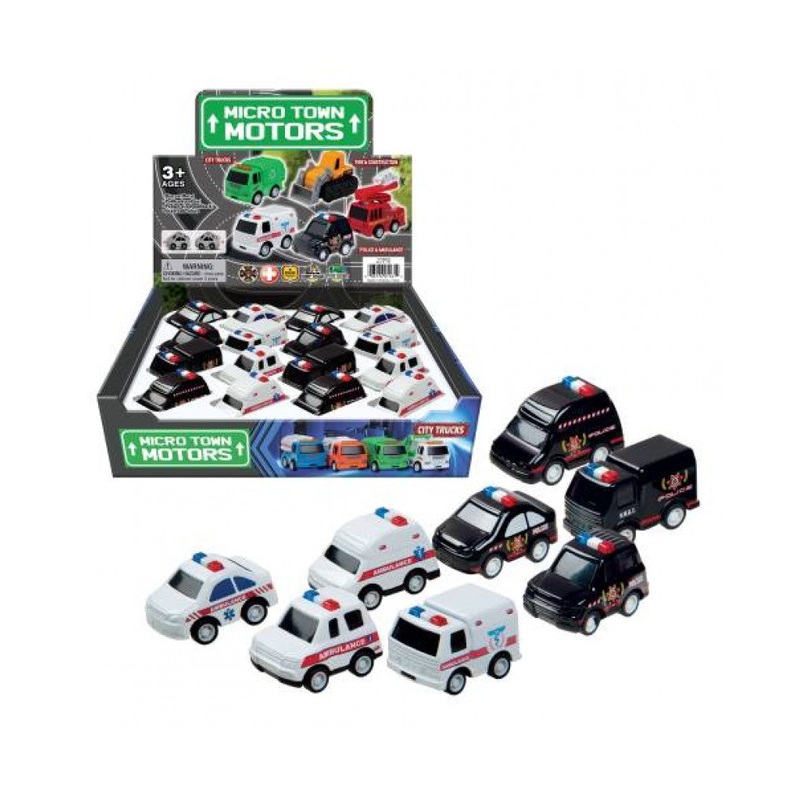 Micro Town Motors - Die Cast Cars - 2" Police & Ambulance - Full 16 Car Pack