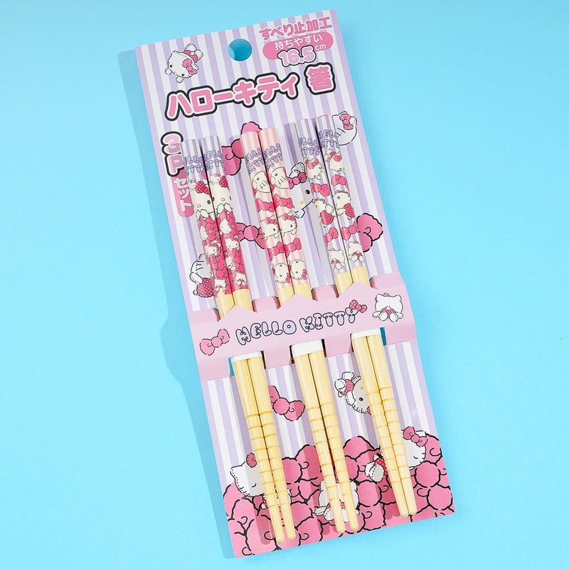 Hello Kitty Fluffy Plush Bamboo Chopsticks Set - 3 Pcs