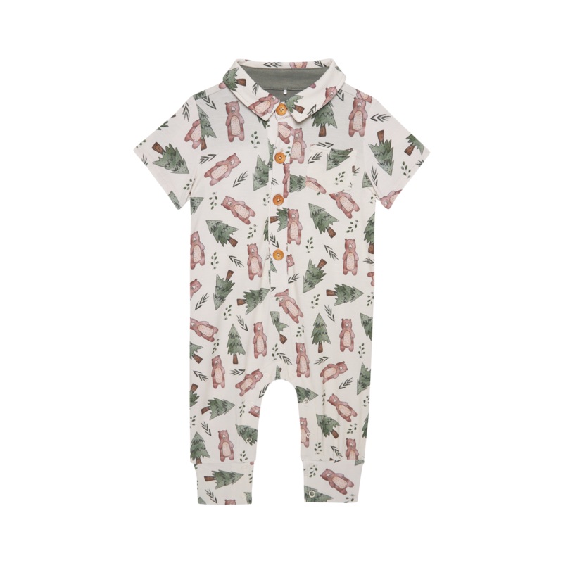 Beary - Short Sleeve Collared Henley Long Romper
