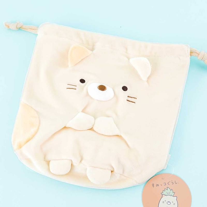 Sumikko Gurashi Fluffy Drawstring Pouch - Neko